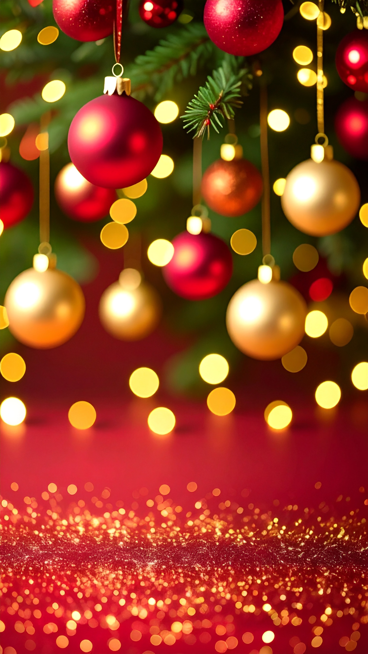縦のクリスマスのオーナメントの赤色キラキラ背景