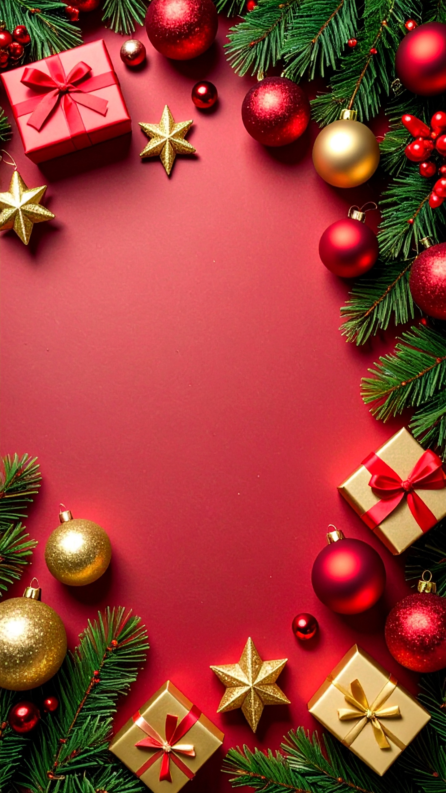 縦のクリスマスのオーナメントの赤色背景画像