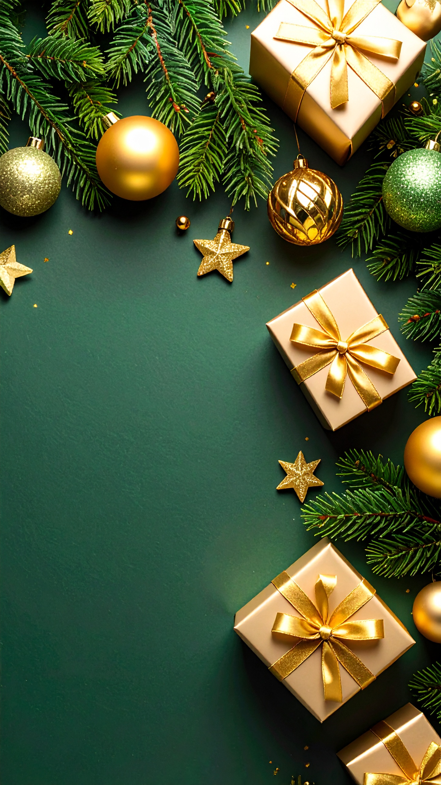 縦のクリスマスのオーナメントの緑色背景フリー素材