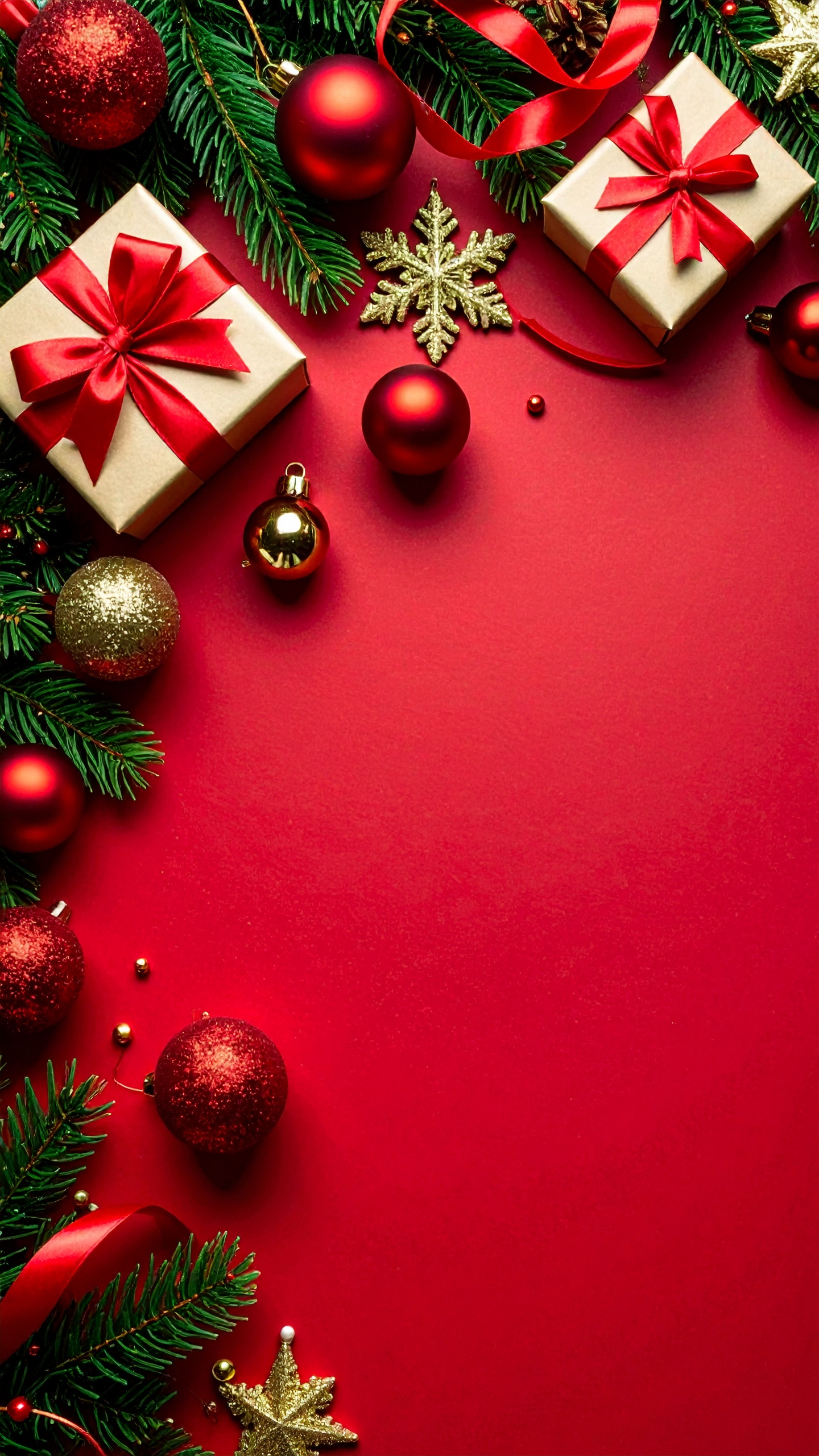 縦のクリスマスのオーナメントの赤色背景フリー素材