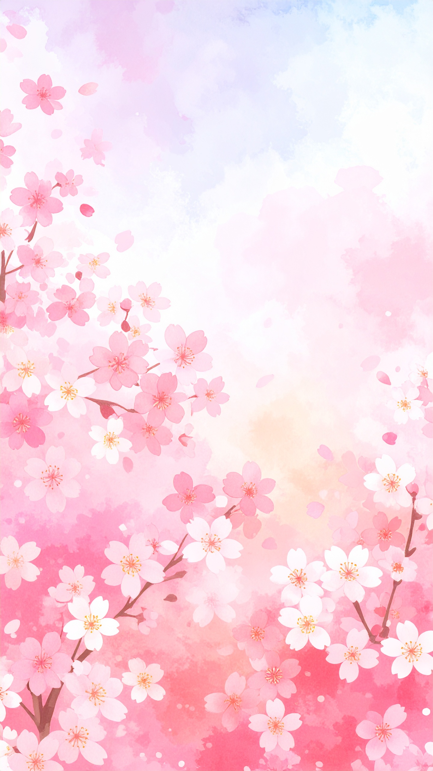縦の桜の水彩背景フリー素材