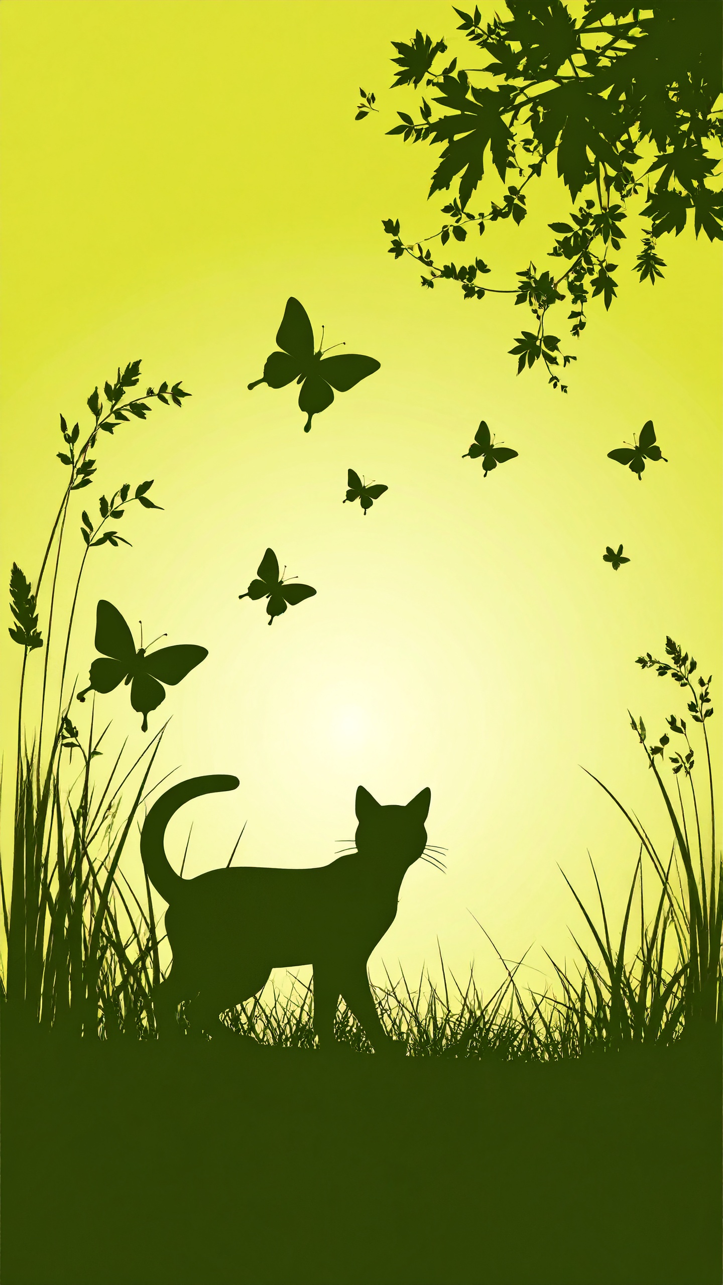 縦の猫のシンプルな黄緑色背景イラスト