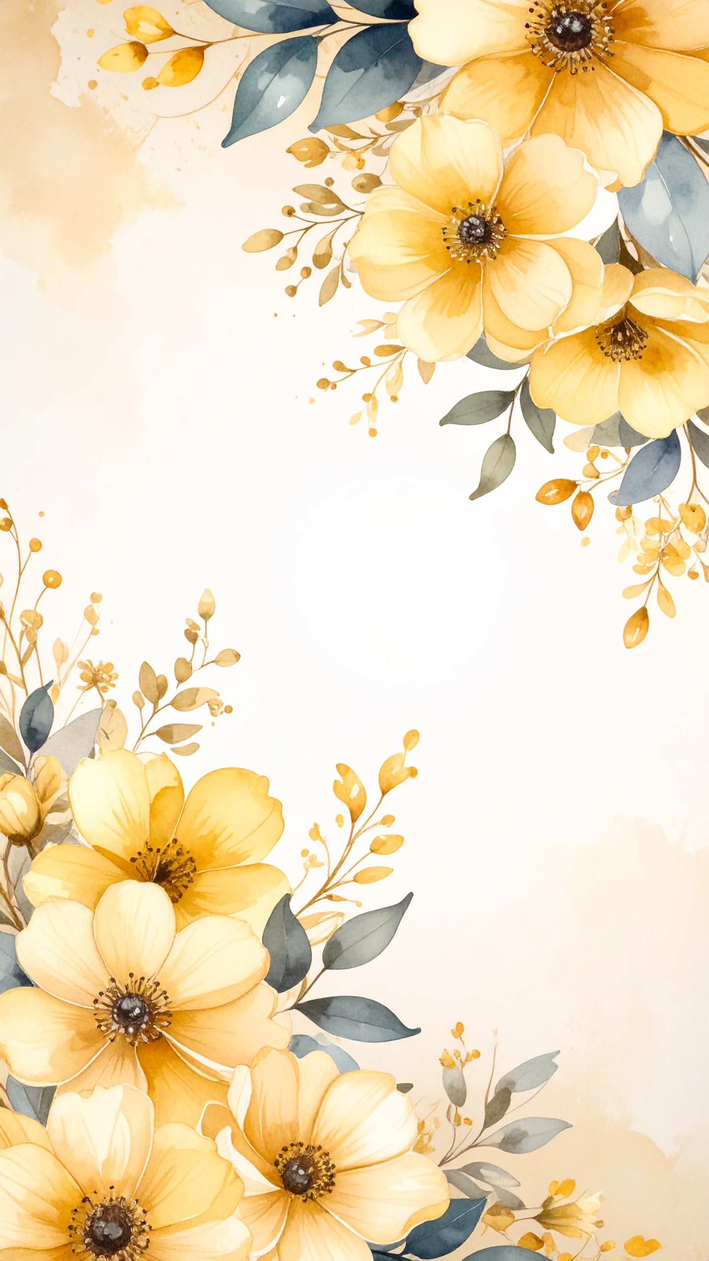 縦の花のおしゃれな水彩背景イラスト（黄色）