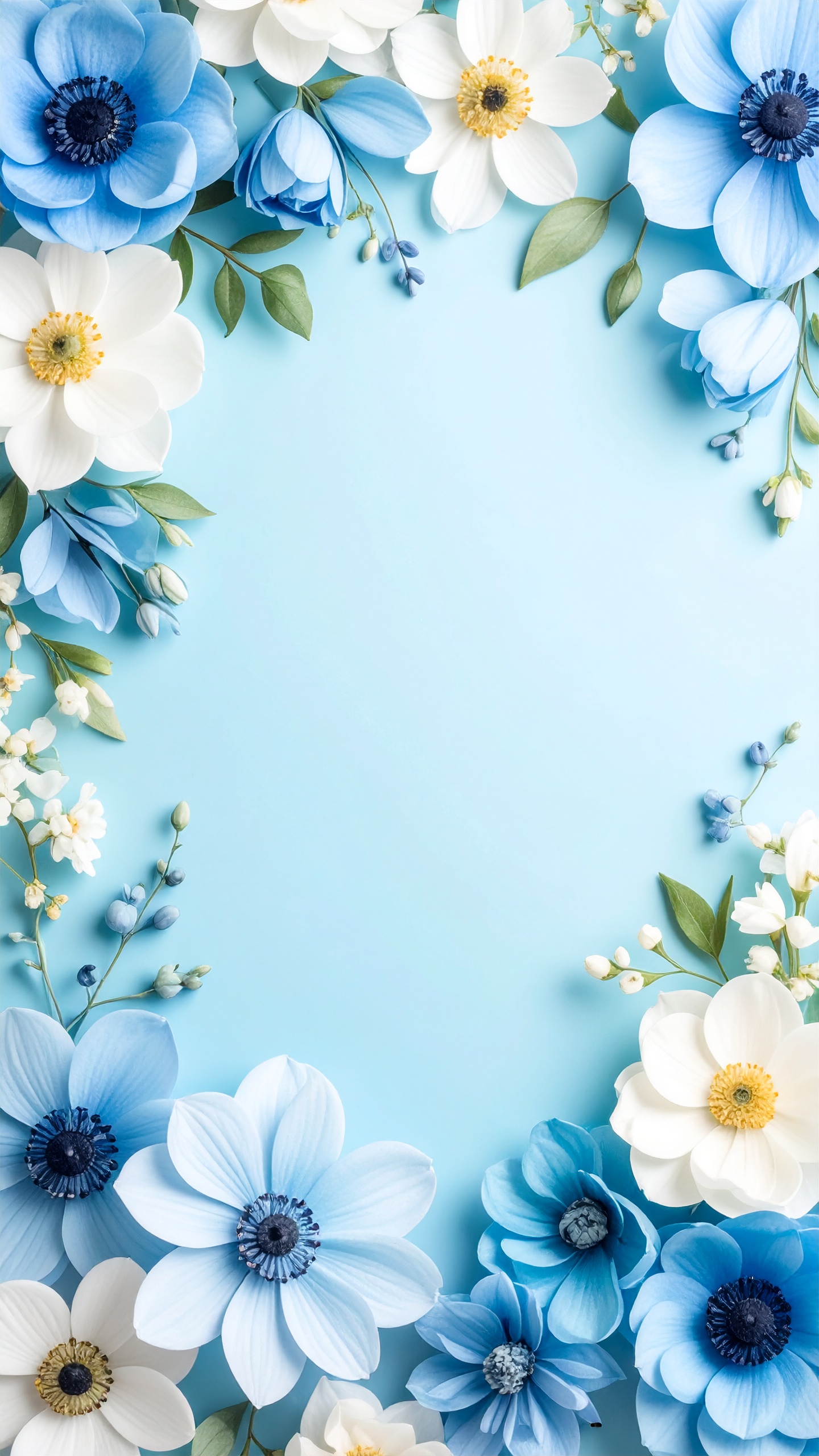 縦の花のおしゃれなフレーム風背景壁紙（水色）