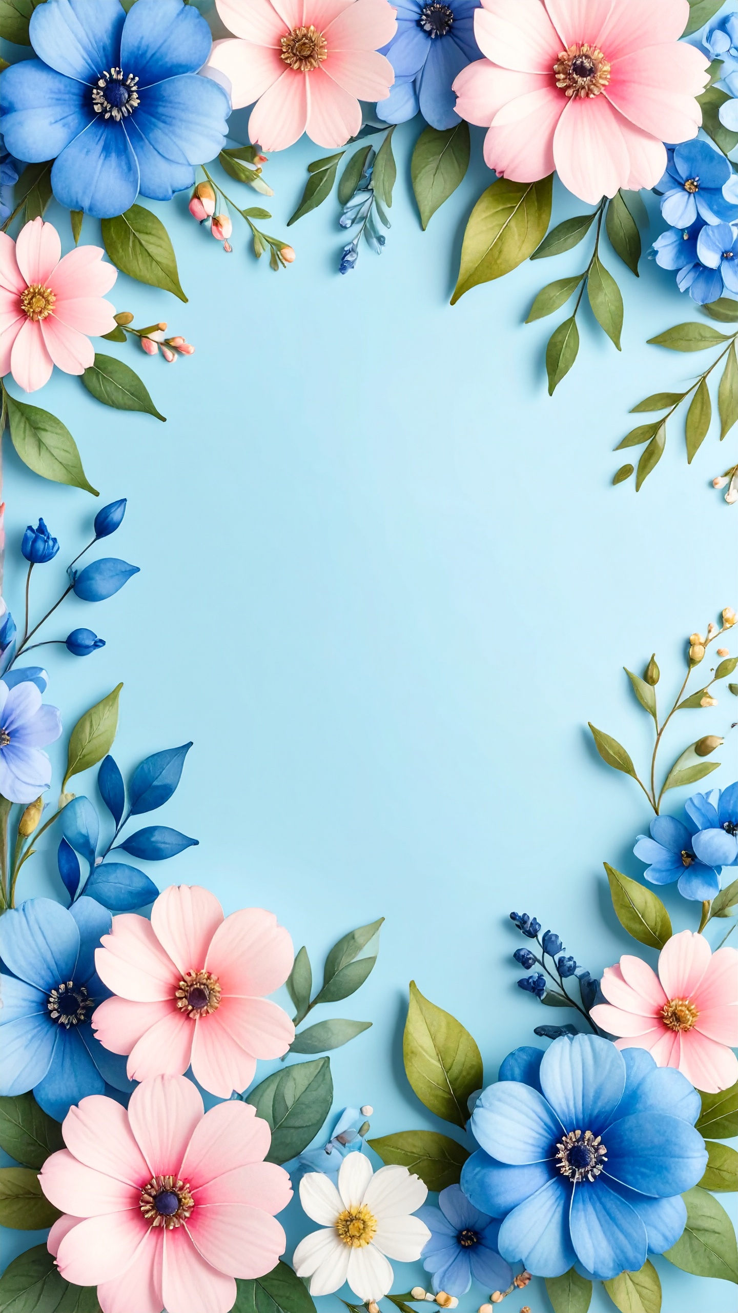 縦の花のおしゃれなフレーム風背景画像（水色）