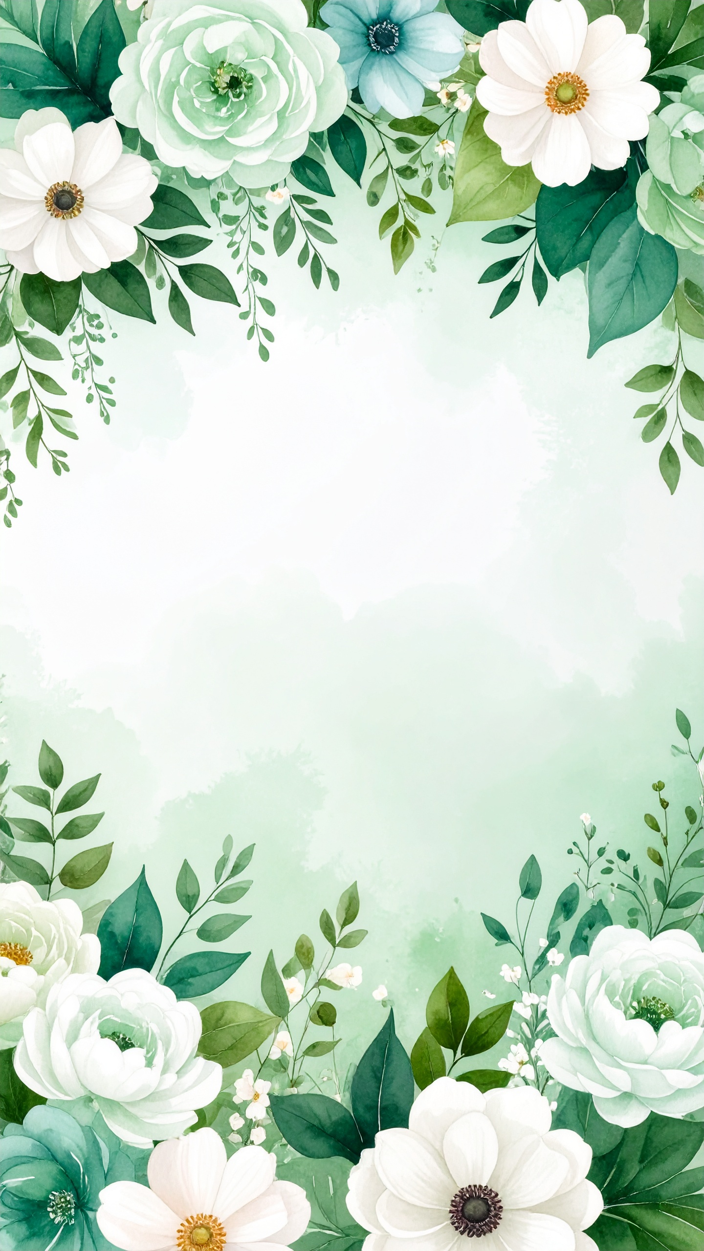 縦の花のおしゃれな水彩背景イラスト（白色）