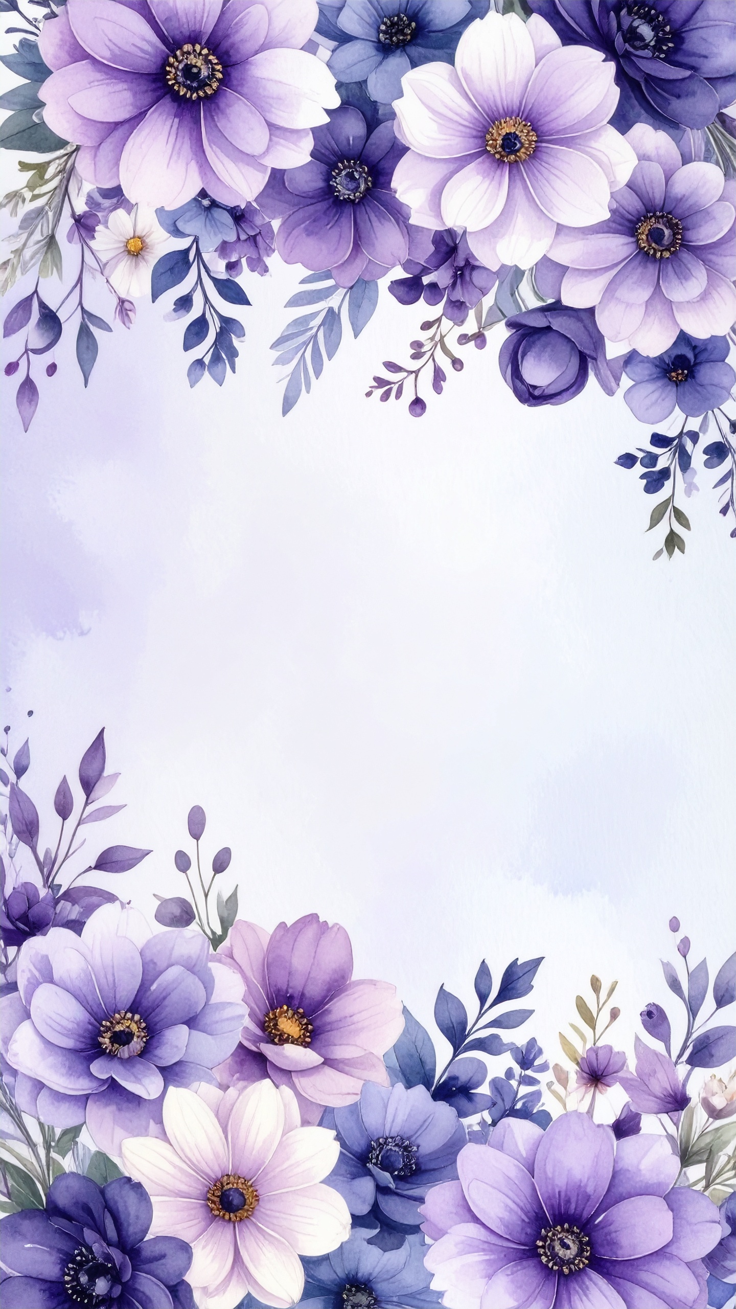 縦の花のおしゃれな水彩背景イラスト（紫色）