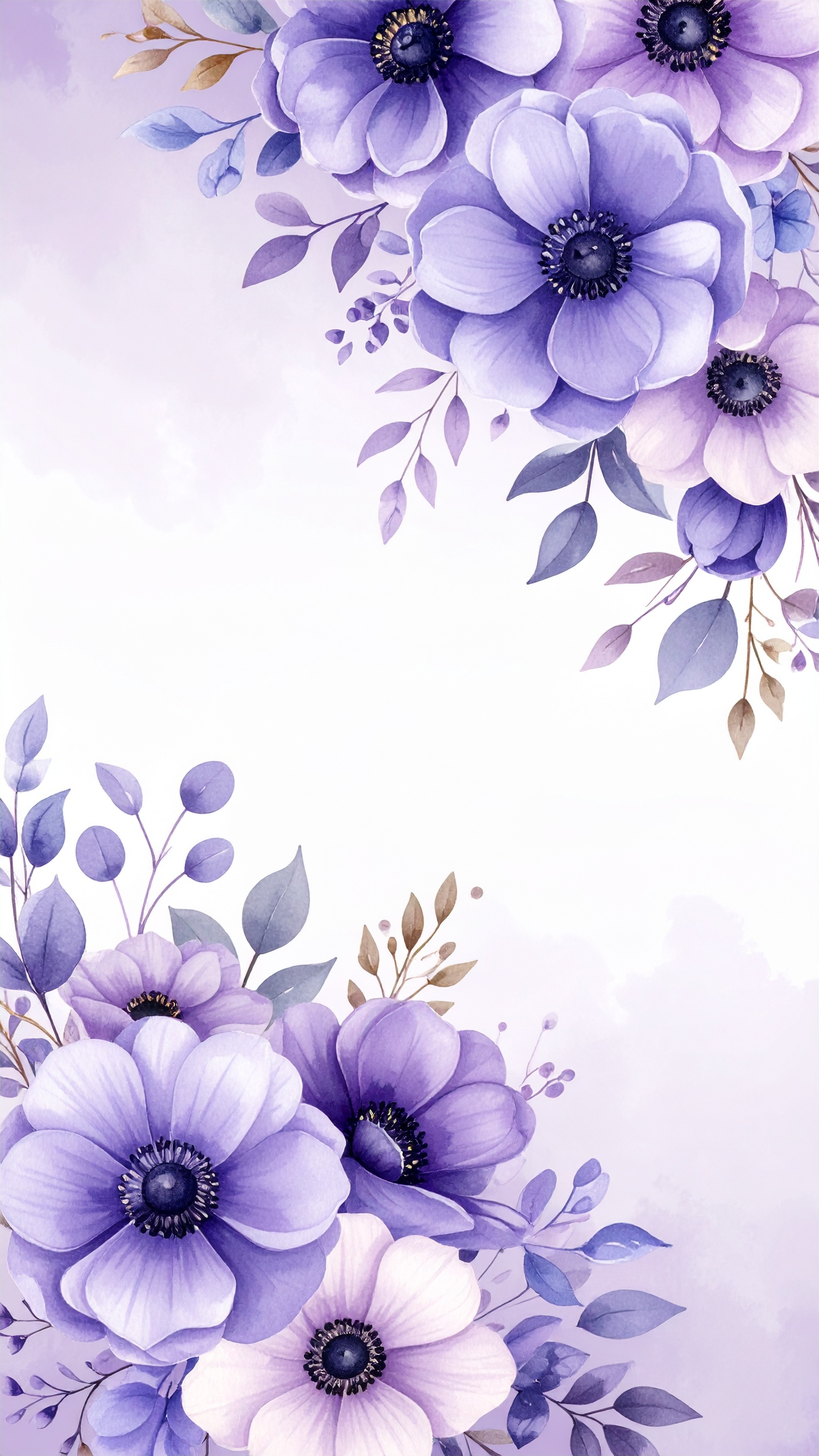 縦の花のおしゃれな水彩背景壁紙（紫色）